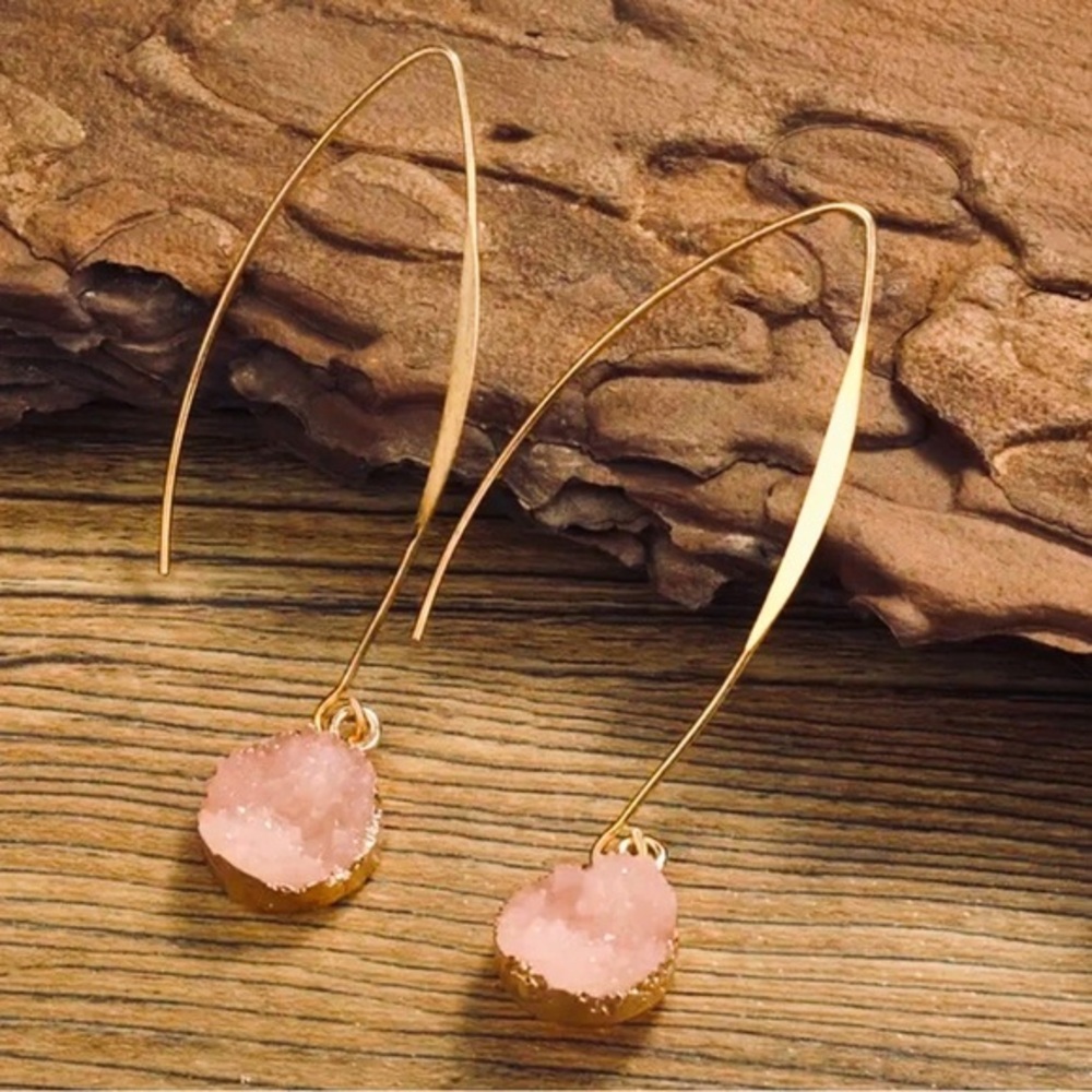 Anthropologie Pink sparkle druzy like stone drop earrings gold nwt